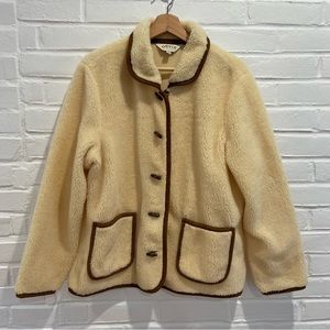 Vintage ORVIS Ivory Sherpa Fleece Toggle Jacket w/ Brown Piping women size L